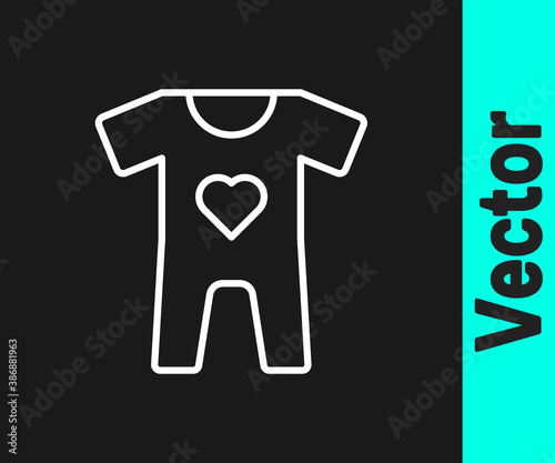 White line Baby clothes icon isolated on black background. Baby clothing for baby girl and boy. Baby bodysuit. Vector.