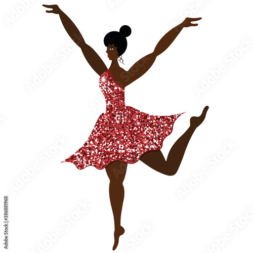 Ballerina. Girl in a coral dress with sequins. African American lady dancing. Vector illustration. Graceful performer. Isolated white background. Bright sequin outfit. Long legged model. Flat style. 