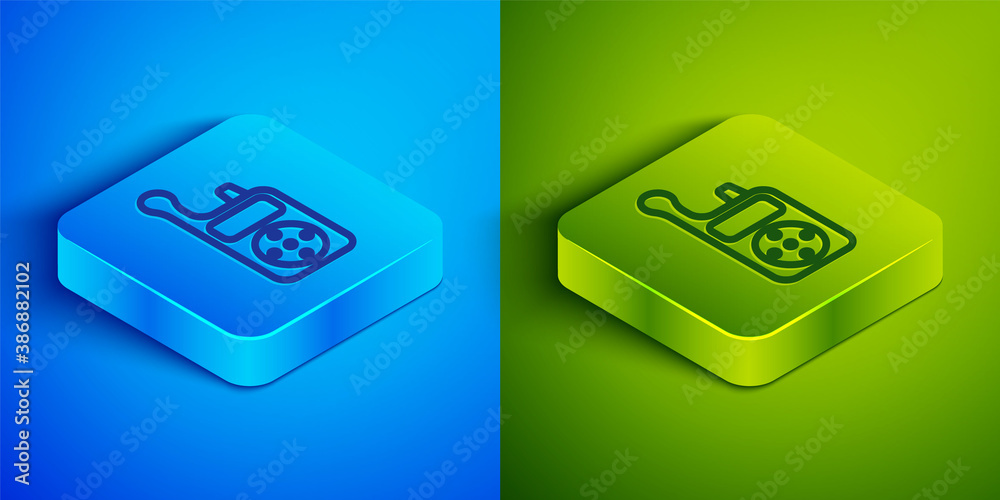 Isometric line Baby Monitor Walkie Talkie icon isolated on blue and green background. Square button. Vector. Isometric line Baby Monitor Walkie Talkie icon isolated on blue and green background. Square button. Vector.