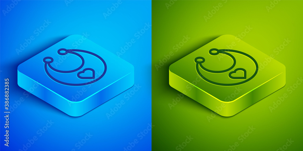 Isometric line Baby bib icon isolated on blue and green background. Square button. Vector. Isometric line Baby bib icon isolated on blue and green background. Square button. Vector.