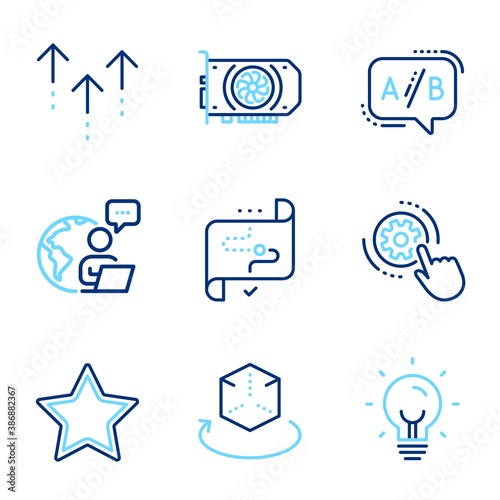 Science icons set. Included icon as Ab testing, Augmented reality, Gpu signs. Star, Energy, Cogwheel settings symbols. Swipe up, Target path line icons. Test chat, Virtual reality. Vector