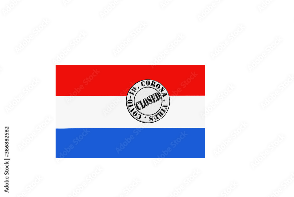 flag with text closed by covid 19 and corona stamp