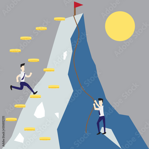 2 business men trying to get on top of ice mountain, the left side man running on golden coin ladder ,the right side man climbing by using rope ,both doing for same target vector