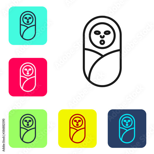 Black line Newborn baby infant swaddled or swaddling icon isolated on white background. Baby kid child wrapped in blanket clothes. Set icons in color square buttons. Vector.