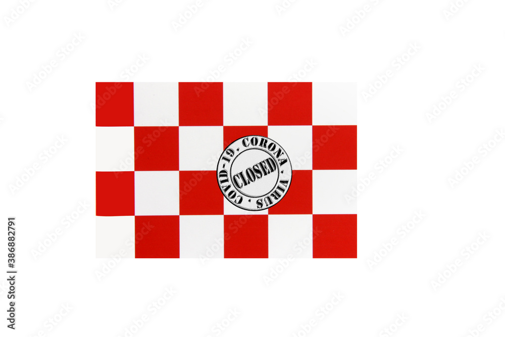 flag with text closed by covid 19 and corona stamp