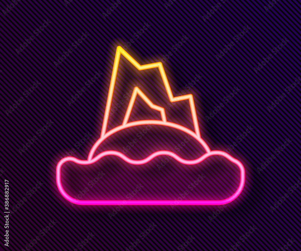 Glowing neon line Tropical island in ocean icon isolated on black background. Landscape with ocean and palm trees. Travel. Vector. Glowing neon line Tropical island in ocean icon isolated on black background. Landscape with ocean and palm trees. Travel. Vector.
