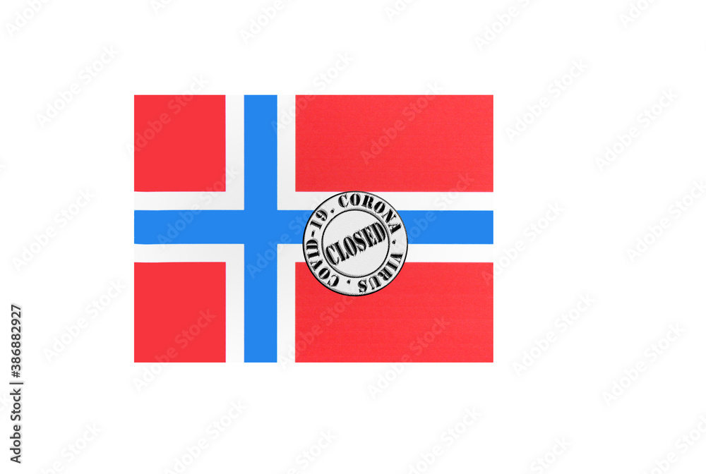 flag with text closed by covid 19 and corona stamp