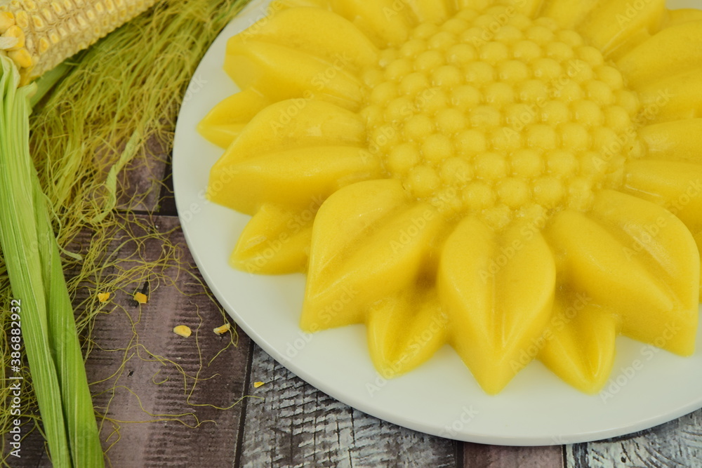 Homemade Corn Agar Agar Pudding with Flower Shape. Vegan Dessert Homemade Corn Agar Agar Pudding with Flower Shape. Vegan Dessert