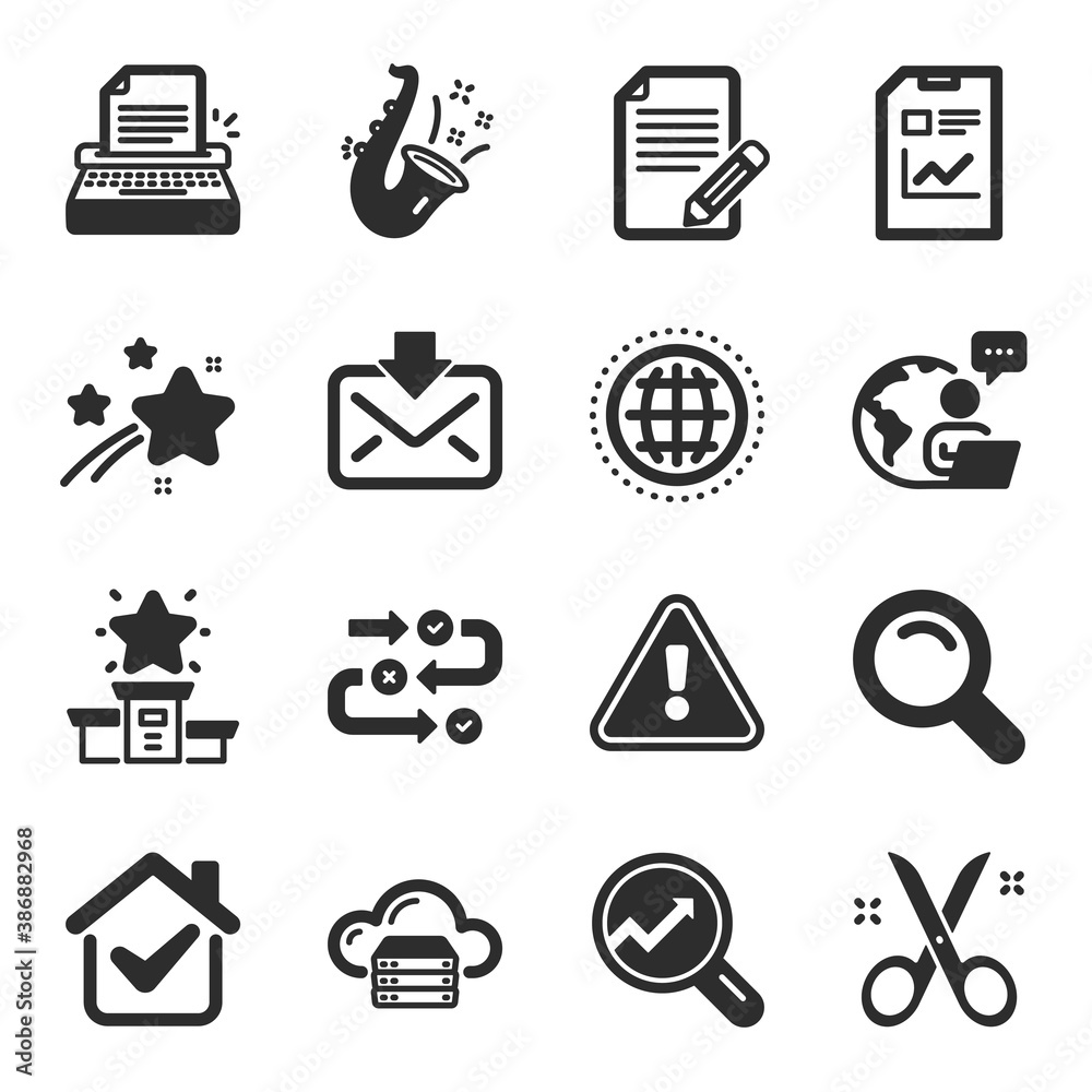Set of Education icons, such as Incoming mail, Scissors, Globe symbols. Typewriter, Jazz, Analytics signs. Cloud server, Survey progress, Article. Report document, Search, Winner podium. Vector Set of Education icons, such as Incoming mail, Scissors, Globe symbols. Typewriter, Jazz, Analytics signs. Cloud server, Survey progress, Article. Report document, Search, Winner podium. Vector