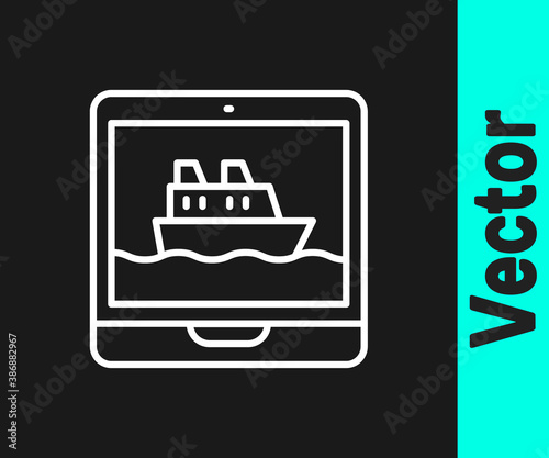 White line Cruise ship icon isolated on black background. Travel tourism nautical transport. Voyage passenger ship, cruise liner. Worldwide cruise. Vector.