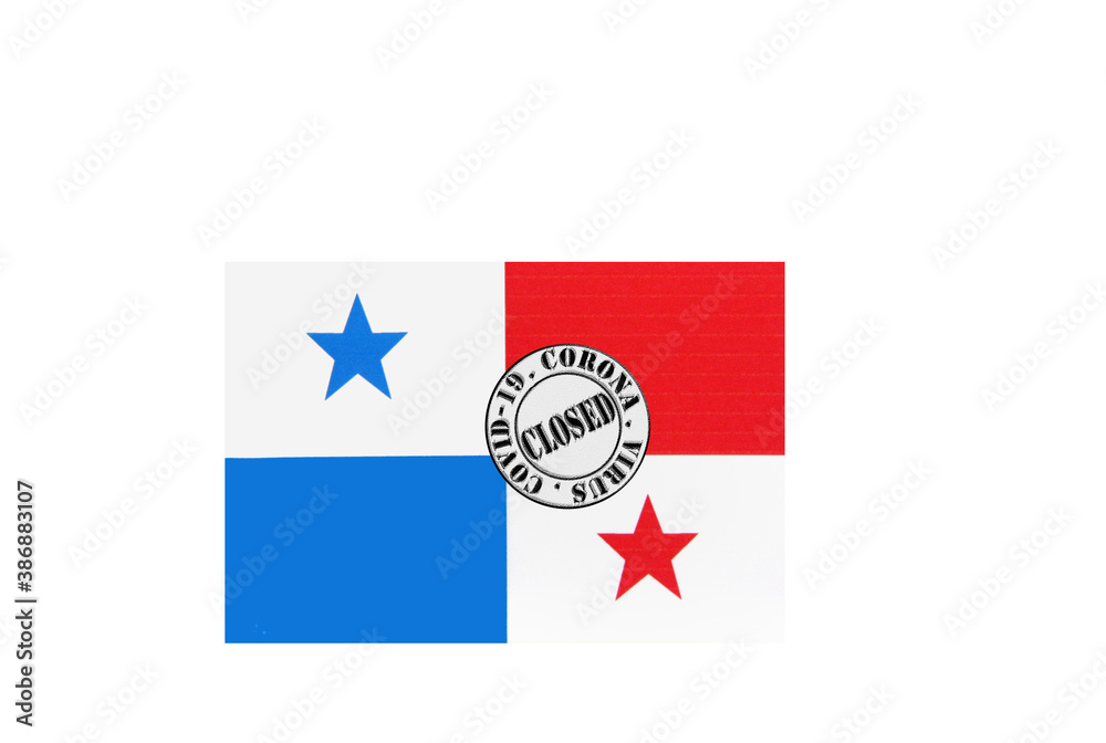 flag with text closed by covid 19 and corona stamp