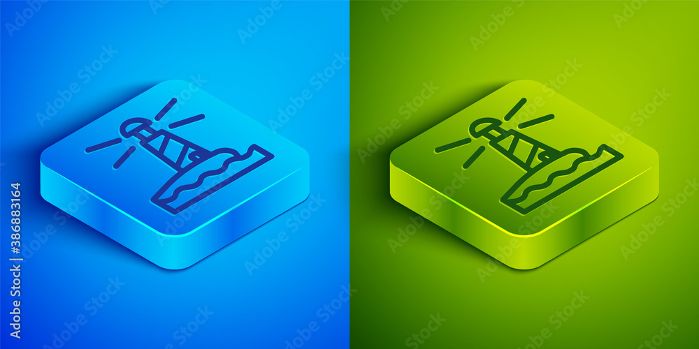 Isometric line Lighthouse icon isolated on blue and green background. Square button. Vector. Isometric line Lighthouse icon isolated on blue and green background. Square button. Vector.