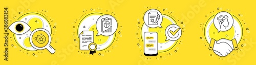 Timer, Report and Reject file line icons set. Licence, cell phone and deal vector icons. Mindfulness stress sign. Deadline management, Presentation chart, Decline agreement. Cloud storm. Vector