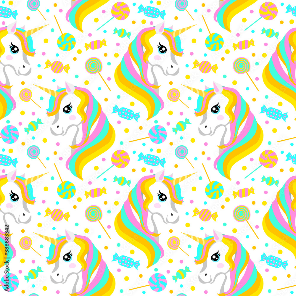 Fototapeta premium Cute wallpaper with rainbow unicorn and candy. seamless pattern. Vector illustration