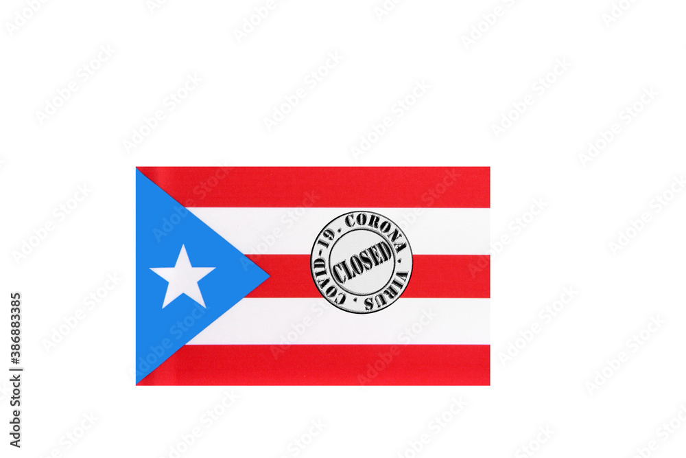 flag with text closed by covid 19 and corona stamp