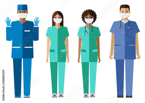 nurses in protective masks women and men flat vector clipart