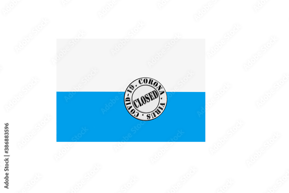 flag with text closed by covid 19 and corona stamp