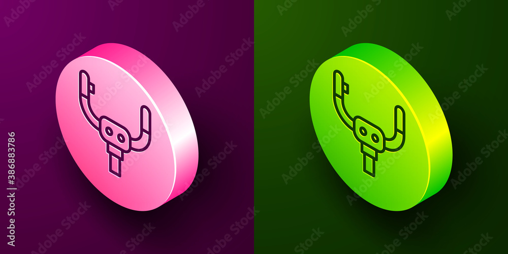 Isometric line Aircraft steering helm icon isolated on purple and green background. Aircraft control wheel. Circle button. Vector. Isometric line Aircraft steering helm icon isolated on purple and green background. Aircraft control wheel. Circle button. Vector.