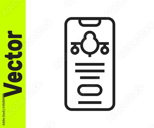 Black line Smartphone with electronic boarding pass airline ticket icon isolated on white background. Passenger plane mobile ticket for web and app. Vector.