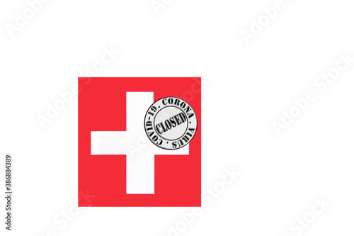Obraz na płótnie flag with text closed by covid 19 and corona stamp w salonie