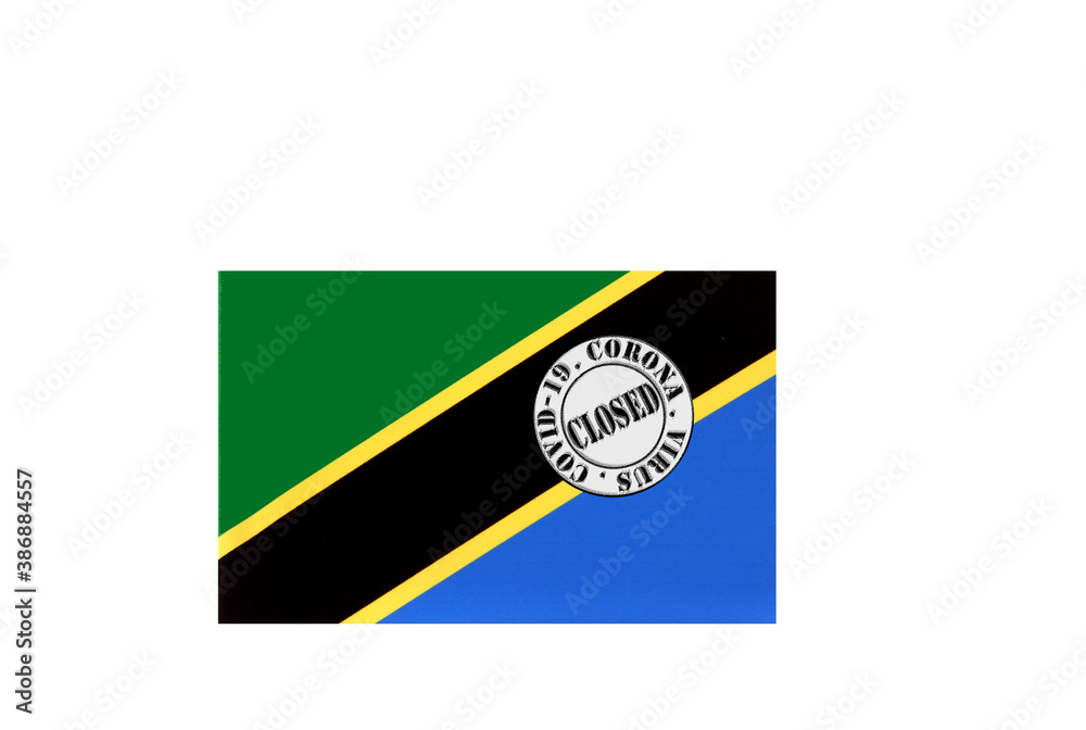 flag with text closed by covid 19 and corona stamp