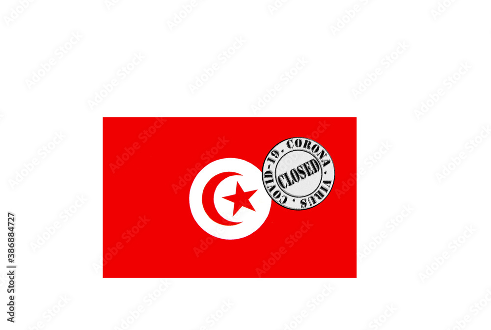 flag with text closed by covid 19 and corona stamp