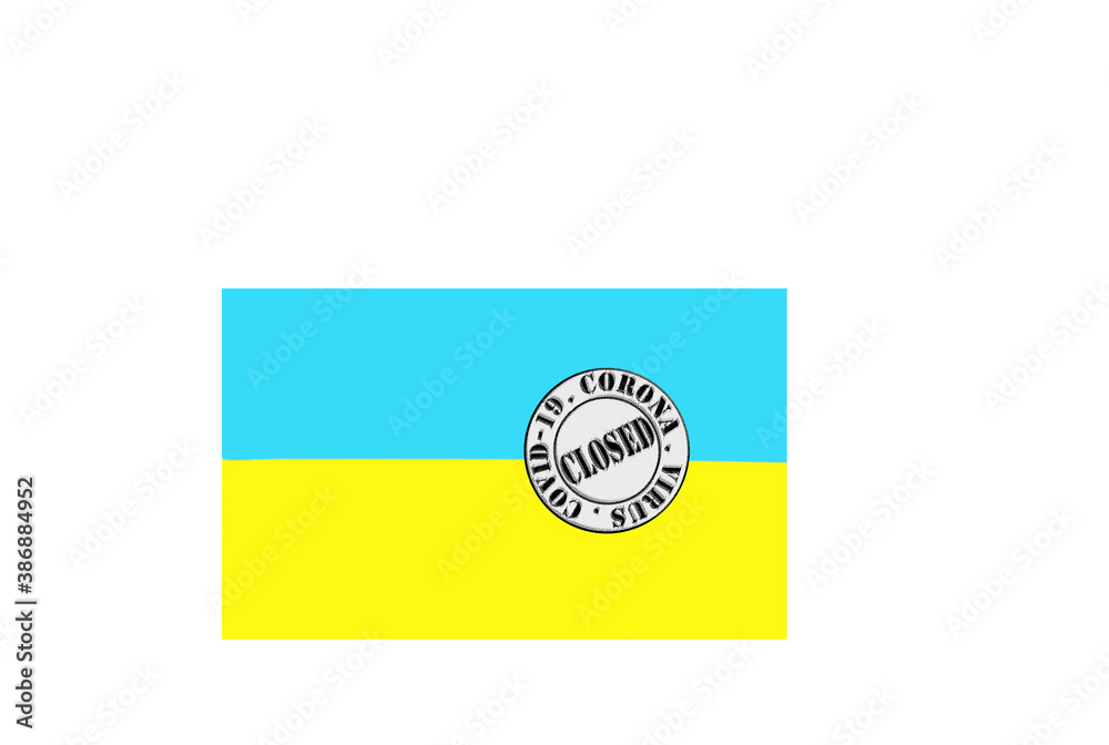 flag with text closed by covid 19 and corona stamp