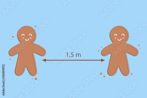 Keep distance sign. Gingerbread. Preventive measures. Steps to protect yourself. Keep the 1 meter distance. Vector illustration.