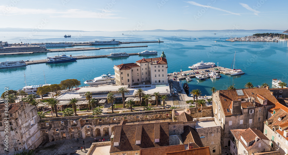 Multi image panorama overlooking the tree lined promenade of Split known as the Riva from the top of the Cathedral of Saint Domnius bell tower  seen in October 2017.