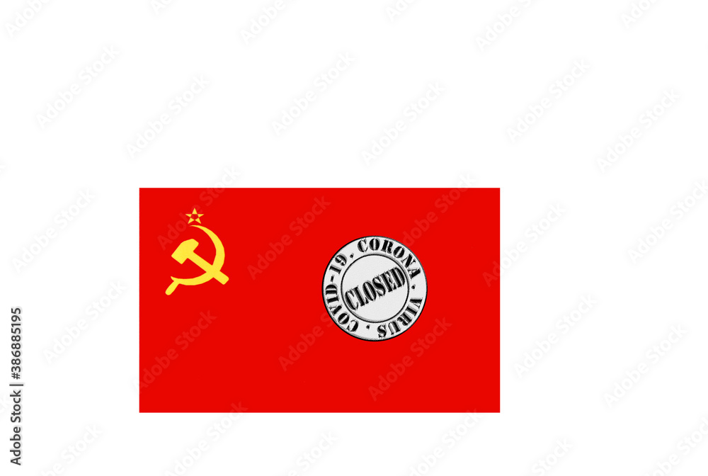 flag with text closed by covid 19 and corona stamp