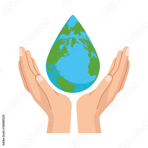 hands lifting earth planet with water drop shape
