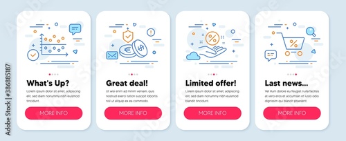 Set of Finance icons, such as Loan percent, Dot plot, Savings insurance symbols. Mobile app mockup banners. Special offer line icons. Discount hand, Presentation graph, Money exchange. Vector
