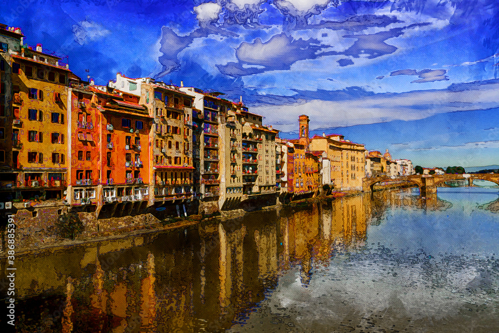 View to embankment of Arno river with bridge and medieval buildings, Florence, Italy. Painted style illustration