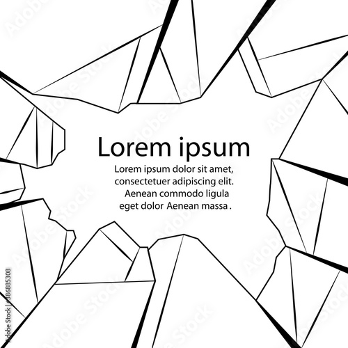Contour illustration of broken glass with place for text. Vandalism and hooliganism. Trusted window. Vector black and white outline template for banners, articles, card and your design
