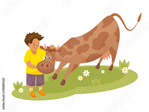 Cute boy strokes and hugs the cow. Vector isolated illustration in flat style.