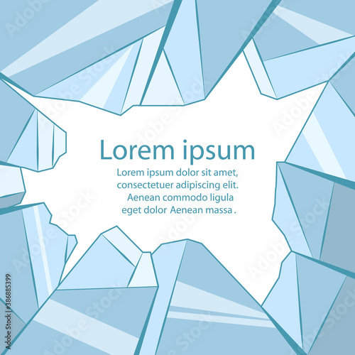 Colorful illustration of broken glass with place for text. Vandalism and hooliganism. Trusted window and ice. Vector cartoon template for banners, articles, card and your design