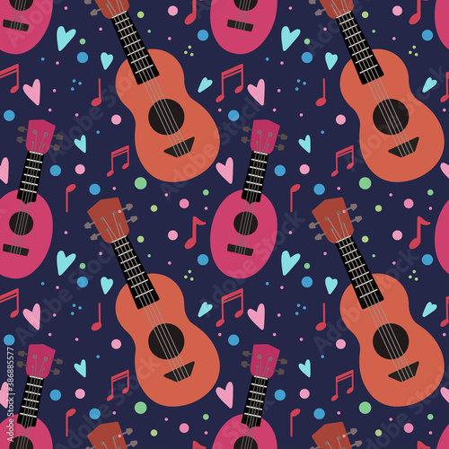 Seamless pattern with flat ukuleles with musical notes and hearts on dark violet background. Love music. Musical string instrument. Seamless cartoon texture for fabric, wallpaper and your creativity