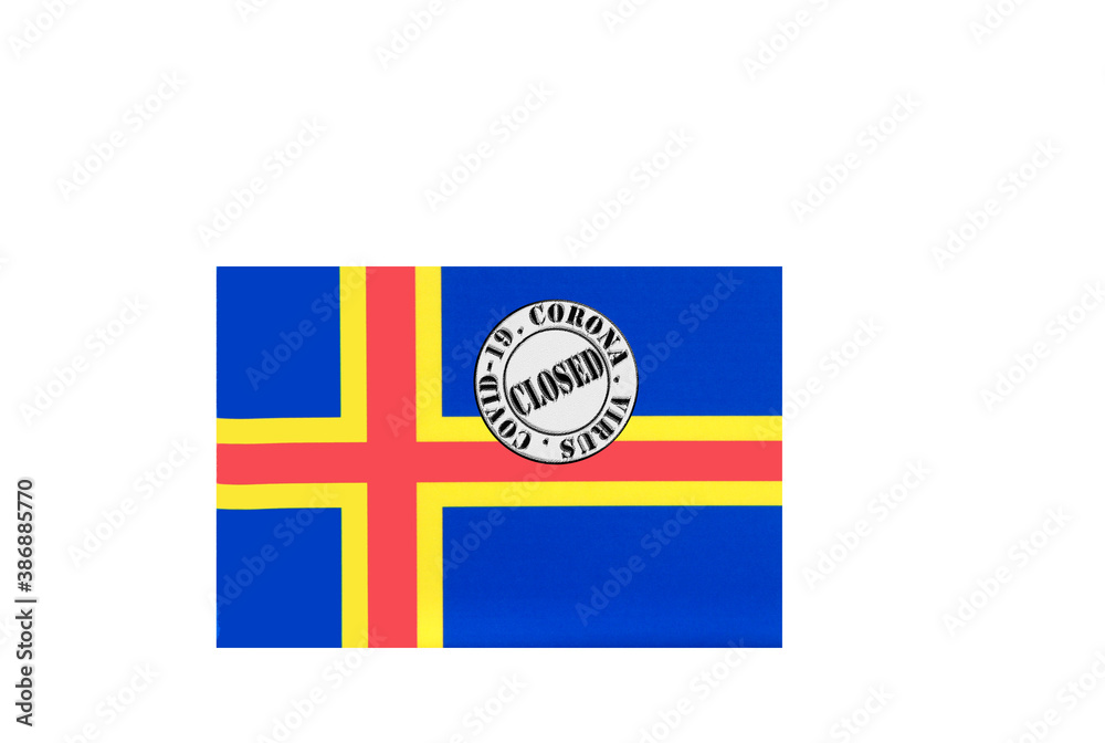 flag with text closed by covid 19 and corona stamp