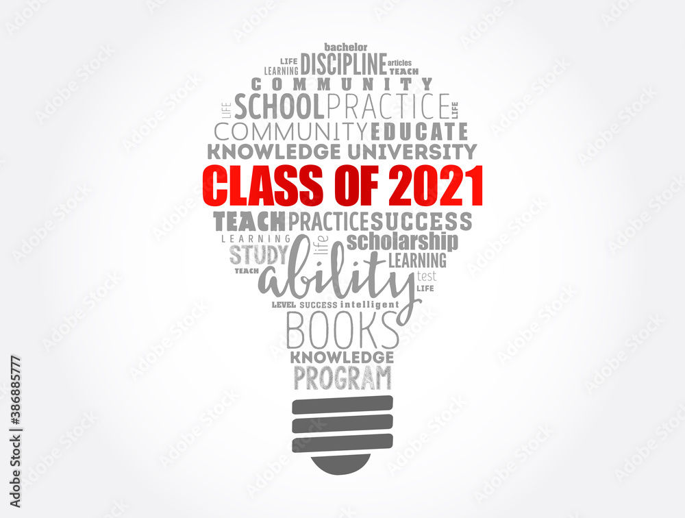 CLASS OF 2021 light bulb word cloud collage, education concept background CLASS OF 2021 light bulb word cloud collage, education concept background