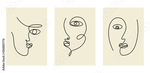 Modern abstract portraits, cubism faces. Set of trendy outline female silhouettes. Continuous line, hand drawn outline contemporary vector illustrations in pastel colors