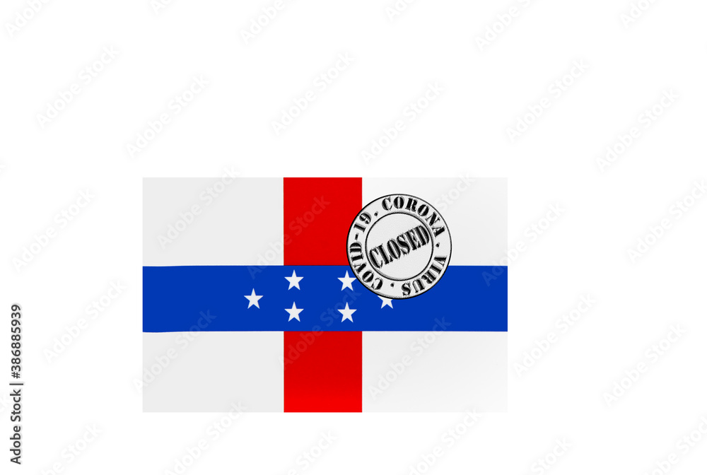 flag with text closed by covid 19 and corona stamp