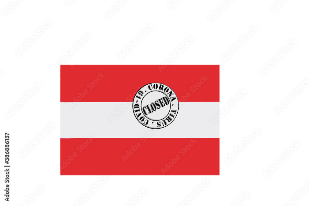 flag with text closed by covid 19 and corona stamp