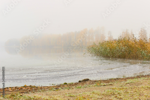 Fototapeta Naklejka Na Ścianę i Meble -  The lake in the fall with fog
