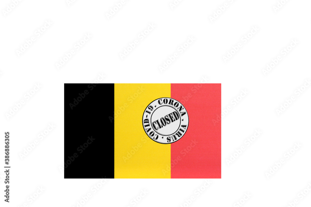 flag with text closed by covid 19 and corona stamp