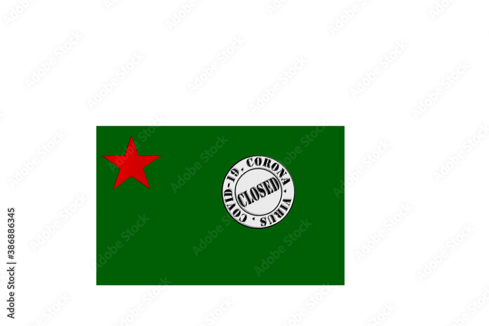 flag with text closed by covid 19 and corona stamp