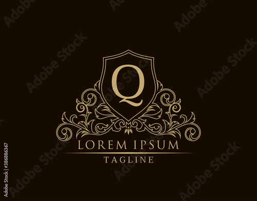 Luxury Royal Letter Q Logo Design, Vintage Shield With Out Line Floral Design.