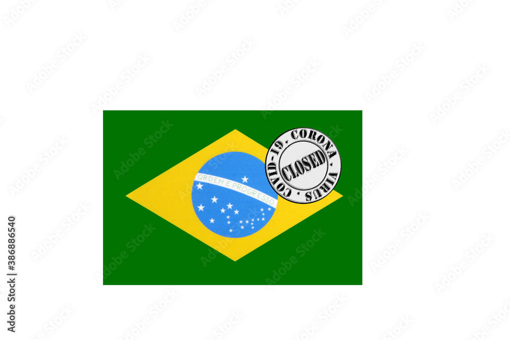 flag with text closed by covid 19 and corona stamp