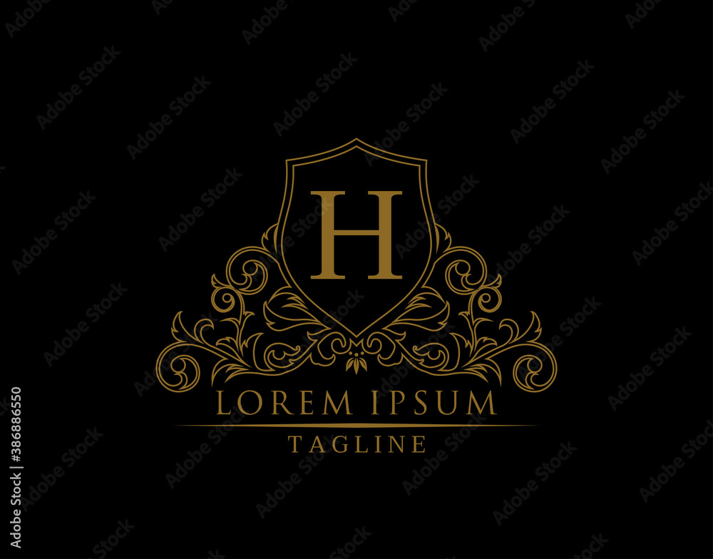 Luxury Royal Letter H Logo Design, Elegant Shield With Out Line Floral Design.