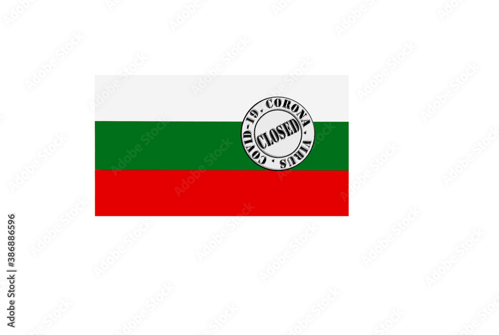 flag with text closed by covid 19 and corona stamp