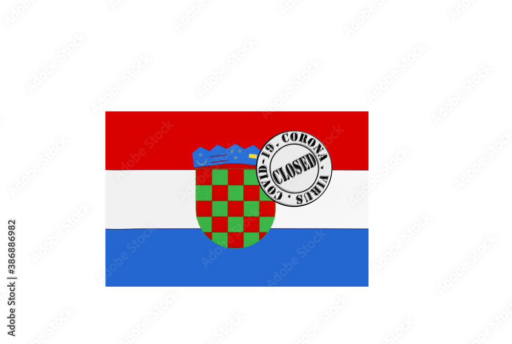 flag with text closed by covid 19 and corona stamp